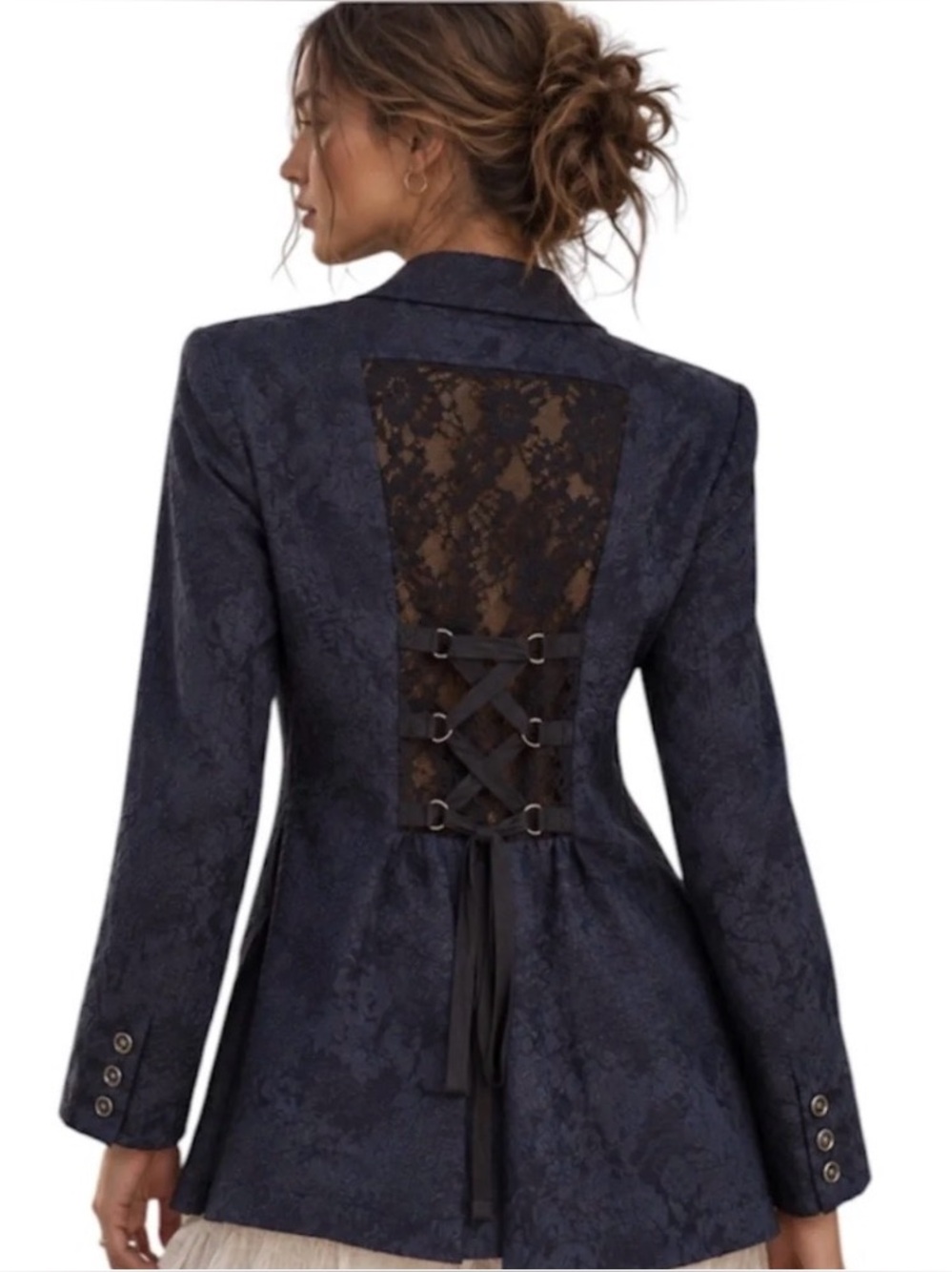 Free People Jacquard Tie Lace Back Victorian Boho Blazer Jacket Sz 0 Womens